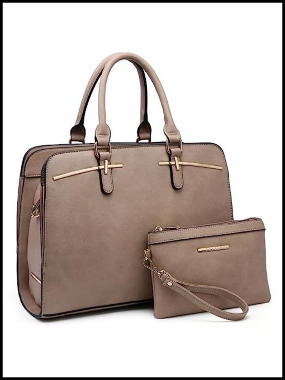 Vegan Leather Satchel Tote Handbag Wallet Set 2pcs Top Handle Shoulder Bag